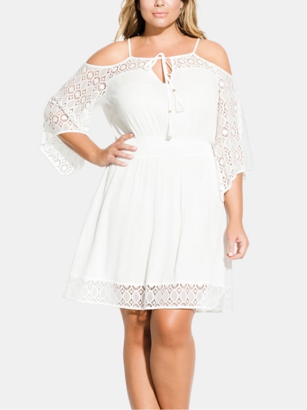 City Chic White Crochet Cold-Shoulder Dress